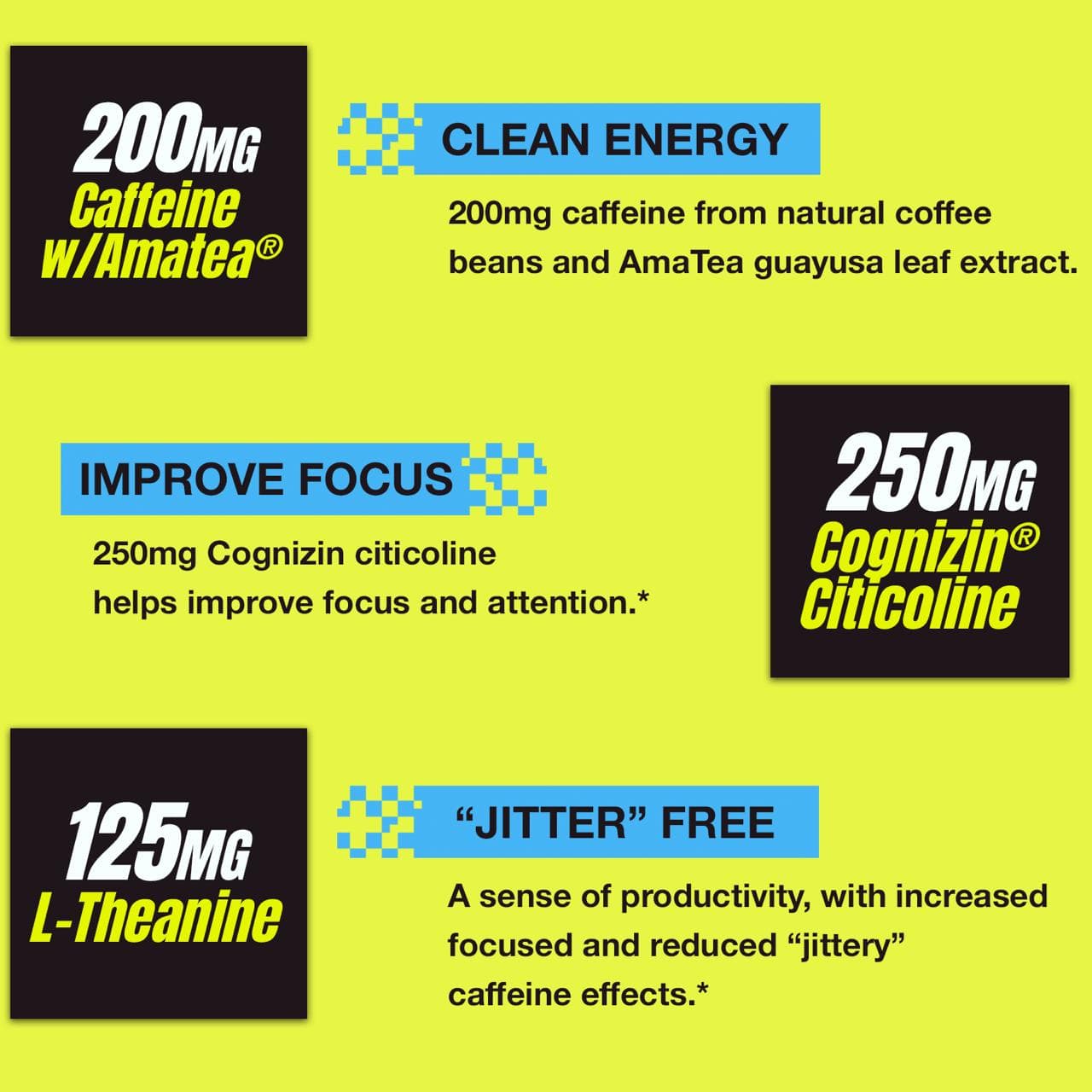 Rekt Energy + Focus benefits including clean energy, improved focus*, and jitter-free support*