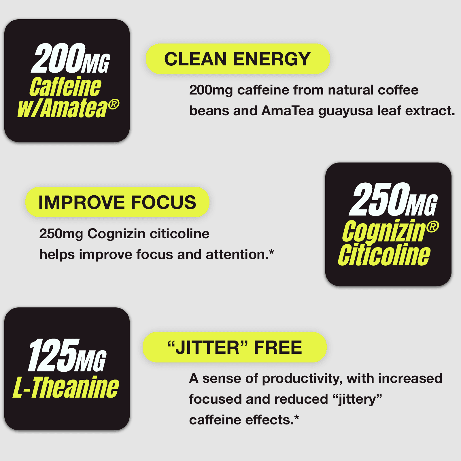 Rekt Energy + Focus benefits including clean energy, improved focus*, and jitter-free support*