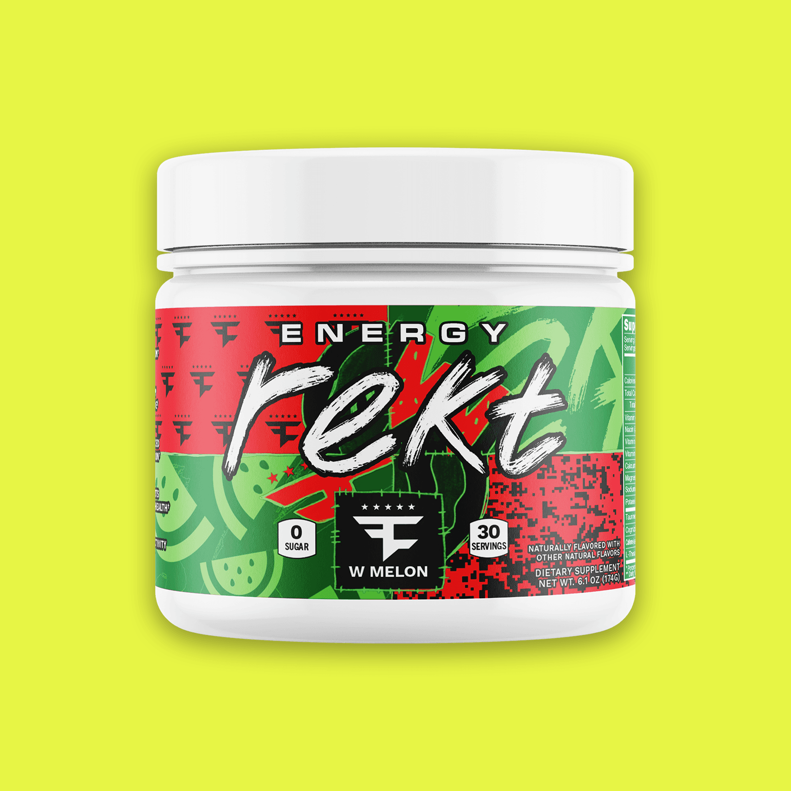 Rekt Energy + Focus Powder W Melon tub with 0 sugar and 30 servings