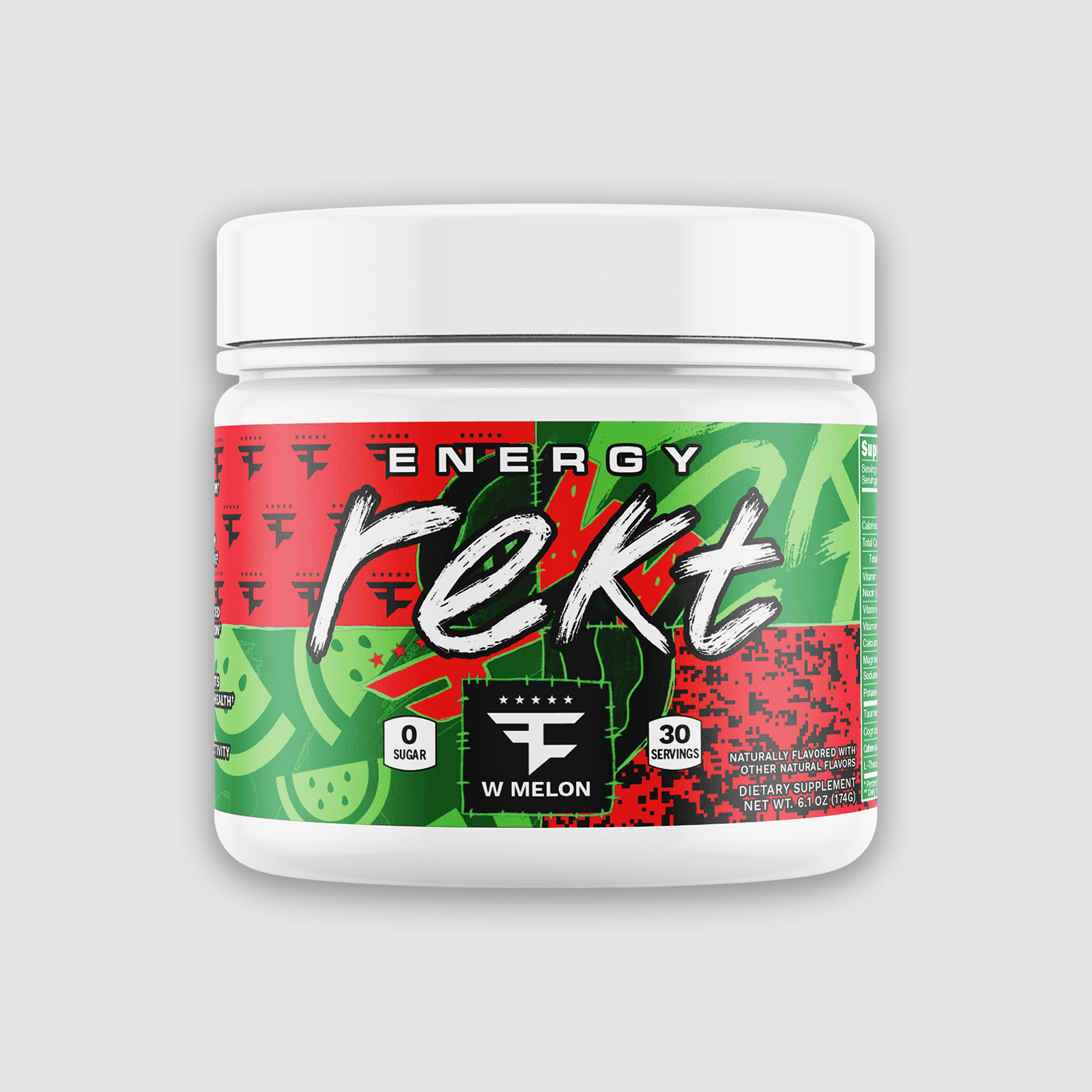 Rekt Energy + Focus Powder W Melon tub with 0 sugar and 30 servings